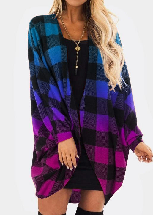 

Cardigans Gradient Plaid Open Front Long Sleeve Cardigan in Multicolor. Size