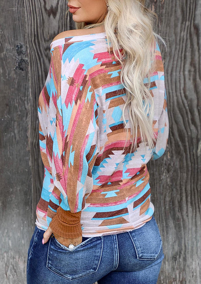 

Blouses Aztec Geometric Long Sleeve O-Neck Blouse in Multicolor. Size
