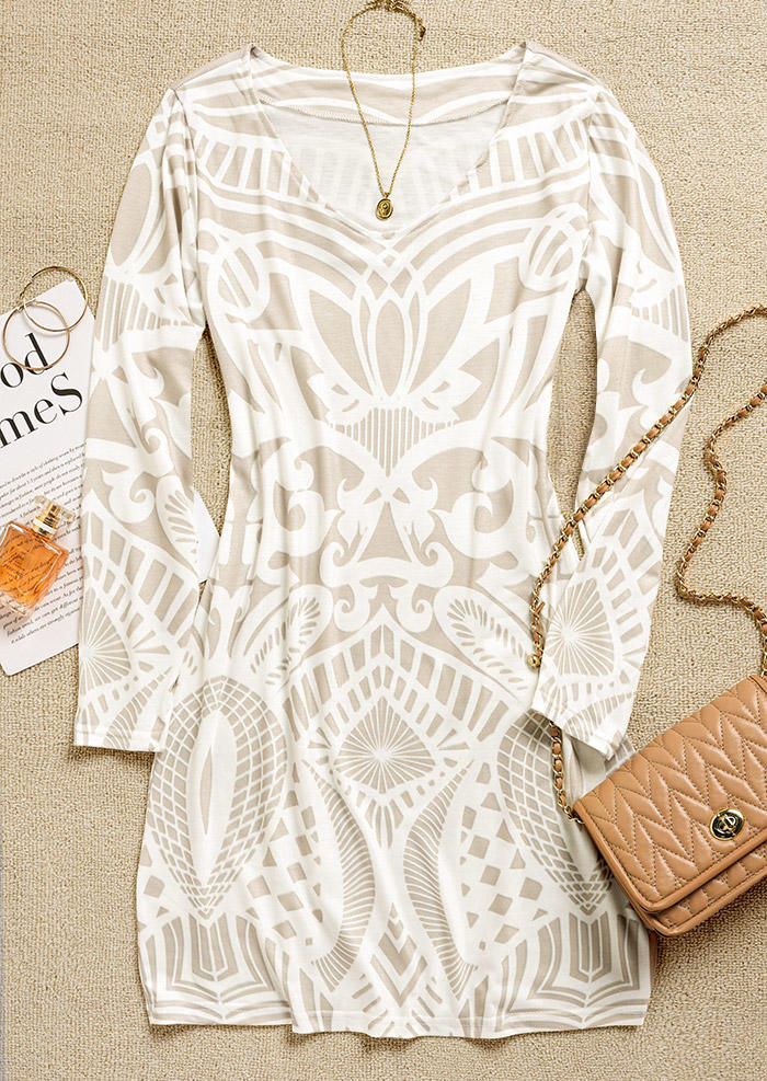 Bodycon Dresses Ethnic Graphic Long Sleeve Bodycon Dress in White. Size: L,M,S,XL