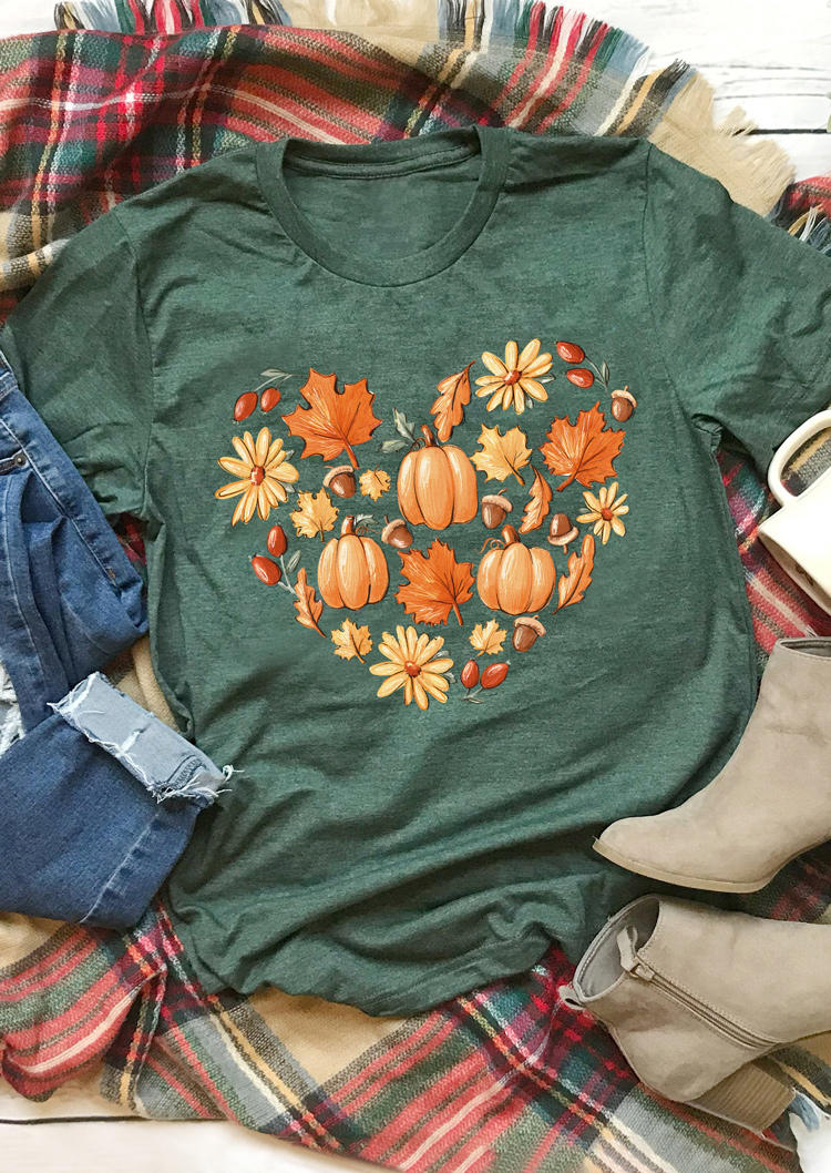 Pumpkin Maple Leaf Floral O-Neck T-Shirt Tee - Green