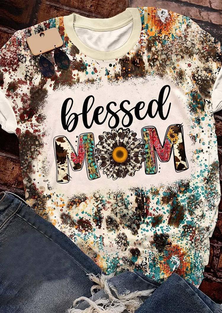 T-shirts Tees Blessed Mom Sunflower Cow Bleached T-Shirt Tee in Multicolor. Size: L,M,S,XL