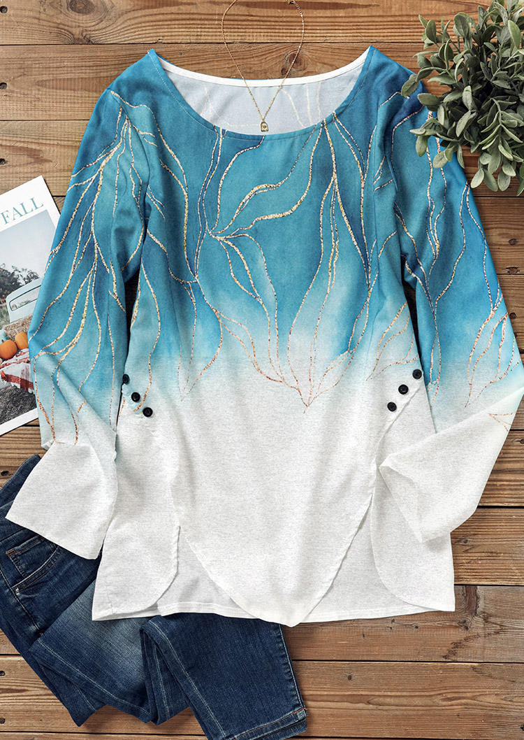 

Blouses Gradient Button Irregular O-Neck Blouse in Blue. Size
