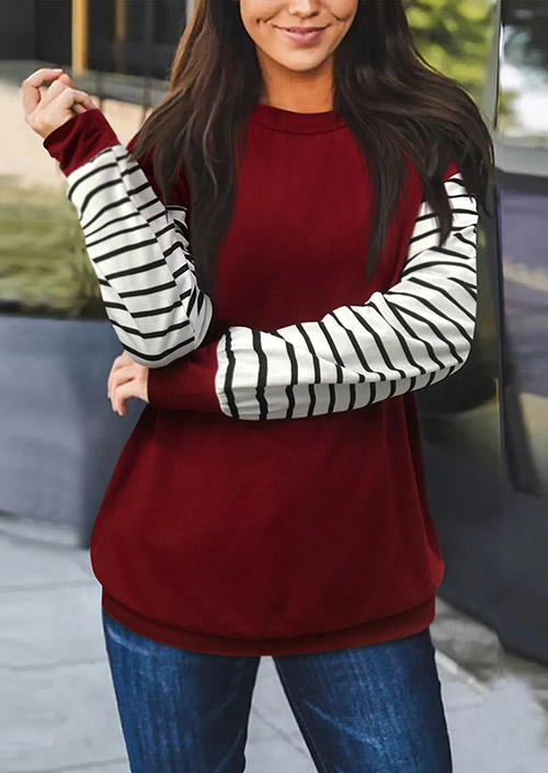Blouses Striped Splicing Long Sleeve Blouse in Red. Size: L,M,S,XL
