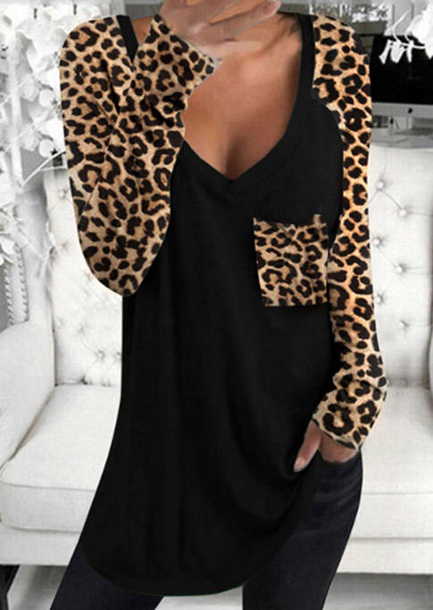 

Blouses Leopard Pocket Long Sleeve Blouse in Black. Size