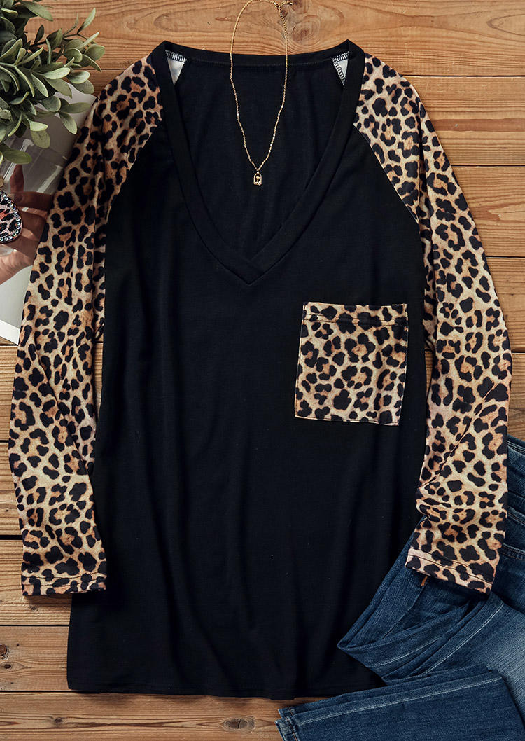 Leopard Pocket Long Sleeve Blouse - Black