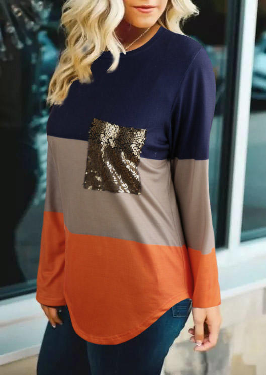 

Blouses Color Block Sequined Pocket Long Sleeve Blouse in Multicolor. Size