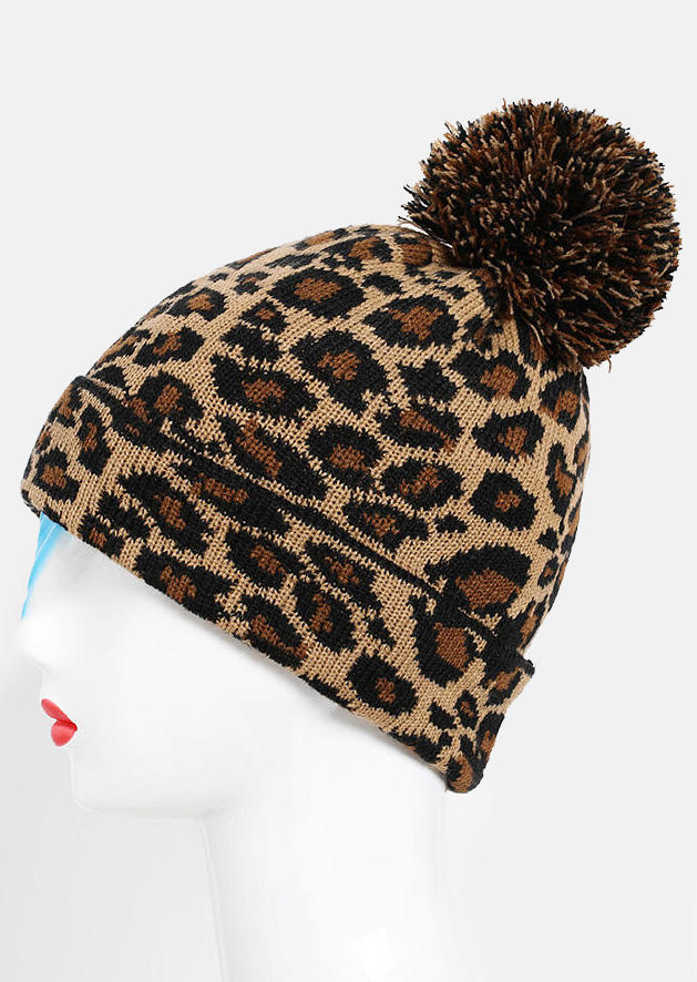 

Hats Leopard Winter Warm Knitted Hairball Hat in Khaki. Size