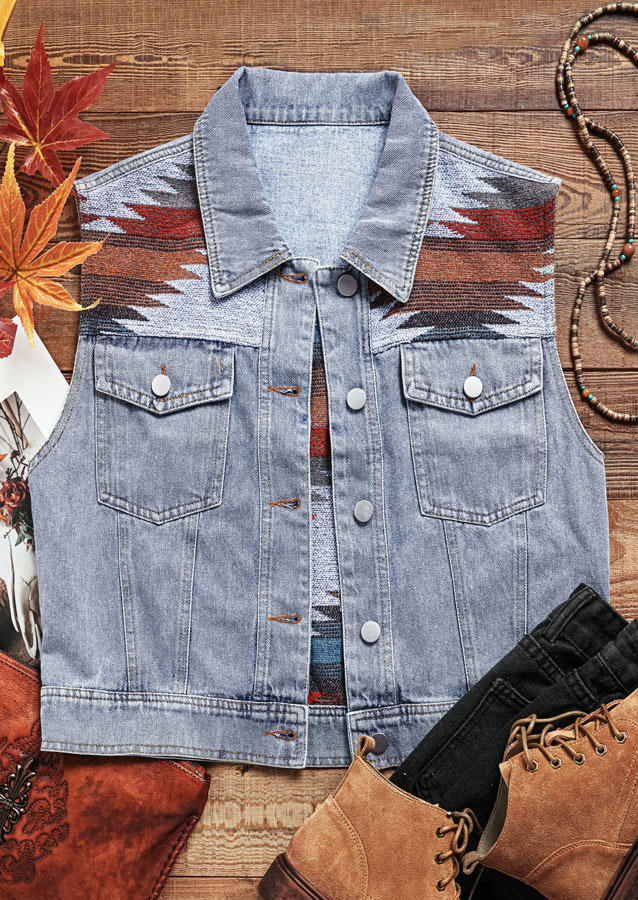 

Coats Aztec Geometric Frayed Button Fake Pockets Vest Coat- Light Blue in Blue. Size
