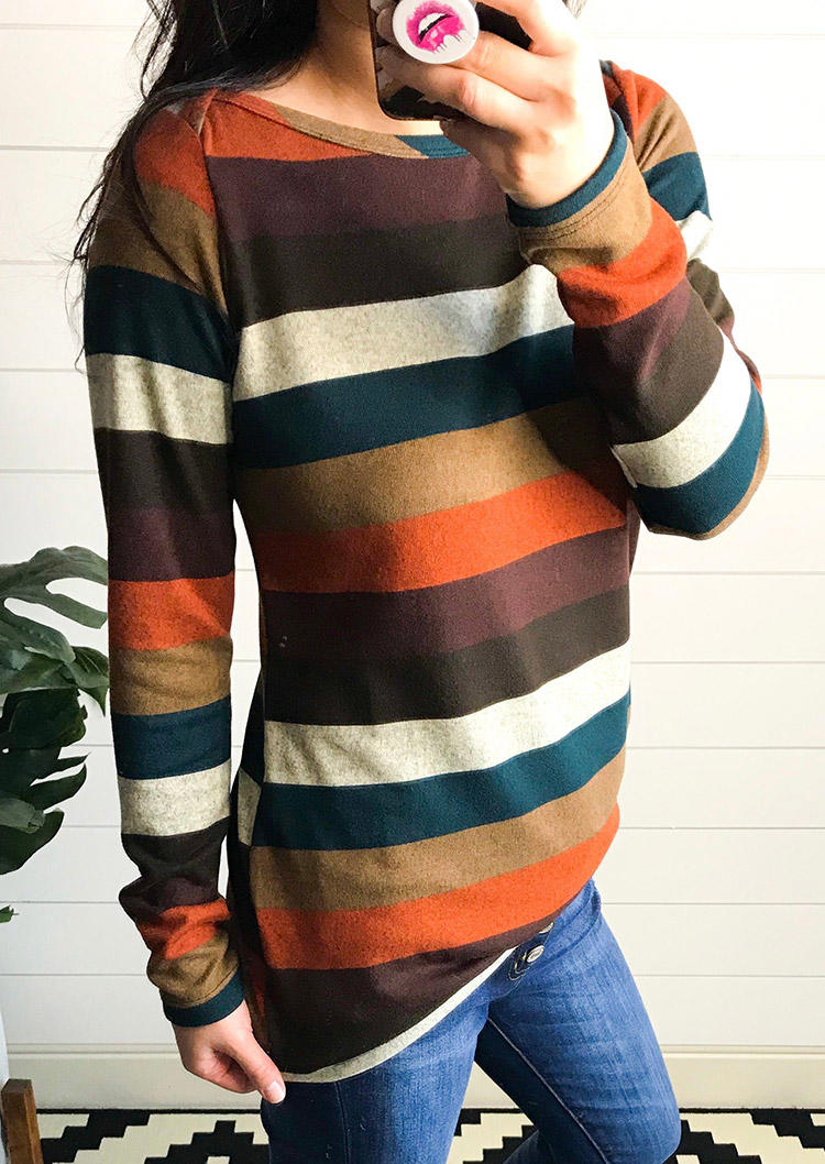 Blouses Striped Color Block Long Sleeve O-Neck Blouse in Multicolor. Size: L,M,S,XL