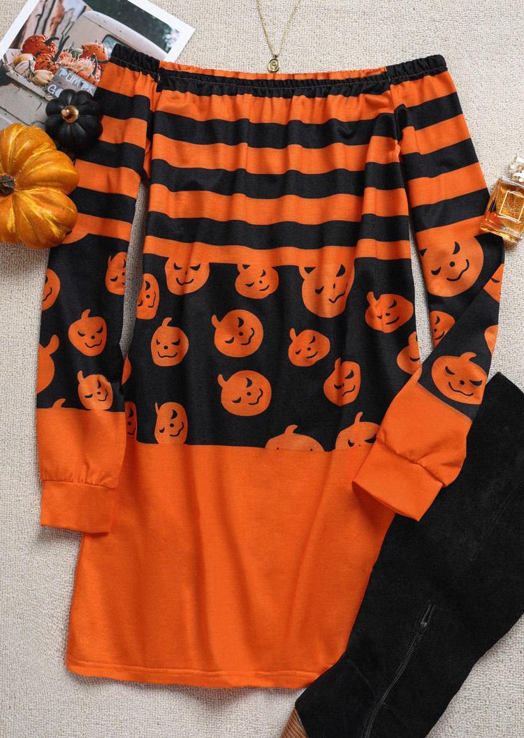 Mini Dresses Halloween Pumpkin Face Striped Sweatshirt Mini Dress in Multicolor. Size: M,S,XL