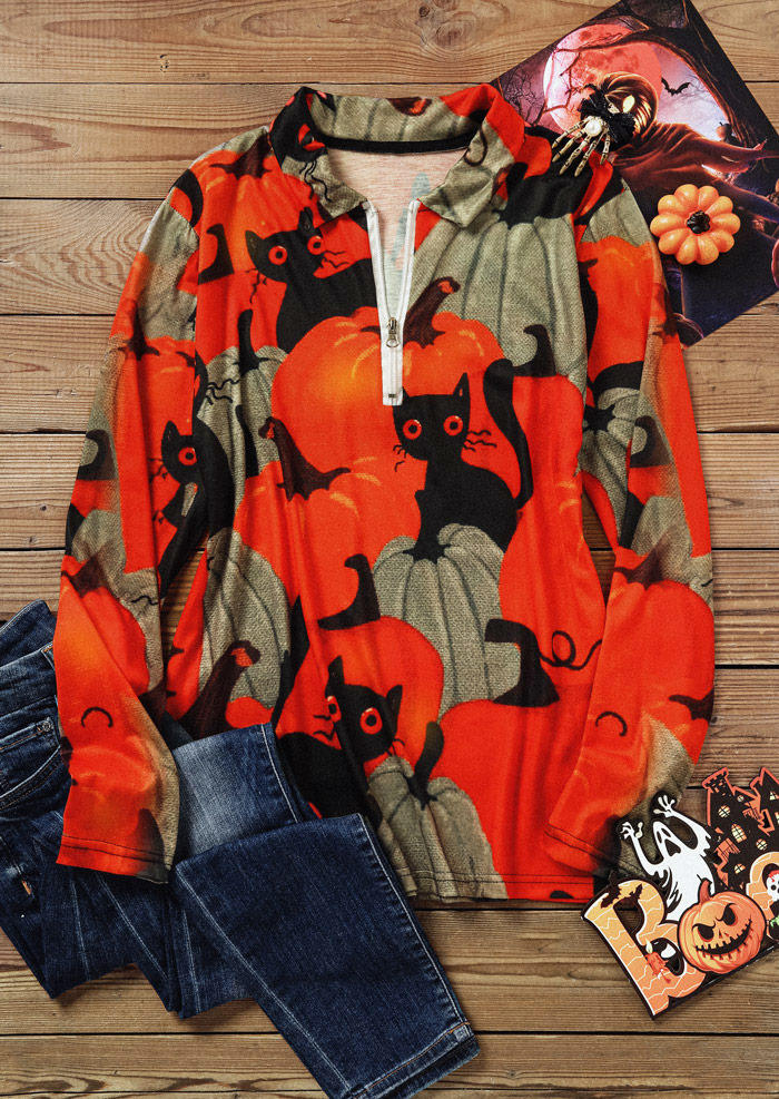 Blouses Halloween Pumpkin Cat Zipper Turn-Down Collar Blouse in Orange. Size: L,XL