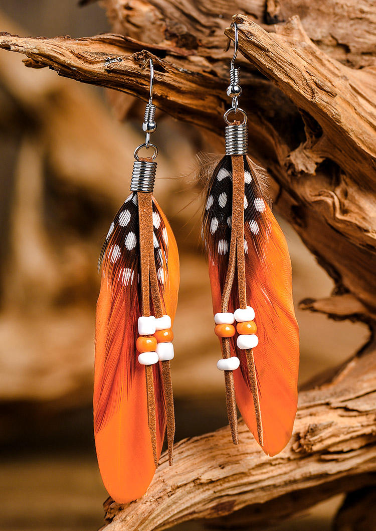 

Earrings Feather Beading Alloy Earrings in Orange. Size