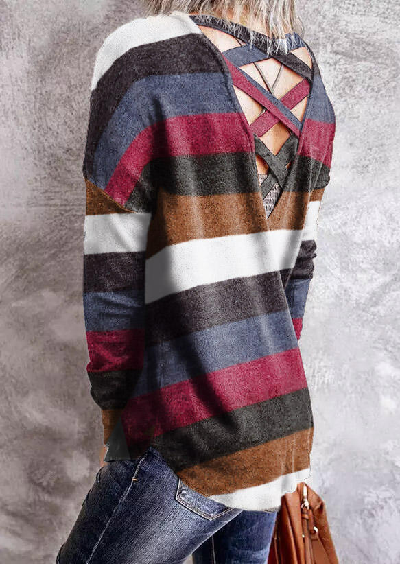 Colorful Striped Criss-Cross Long Sleeve Blouse