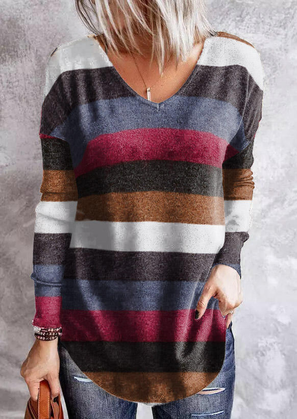 

Blouses Colorful Striped Criss-Cross Long Sleeve Blouse in Multicolor. Size