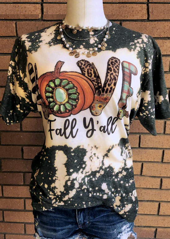 Love Fall Y'all Pumpkin Turquoise Leopard Bleached T-Shirt Tee