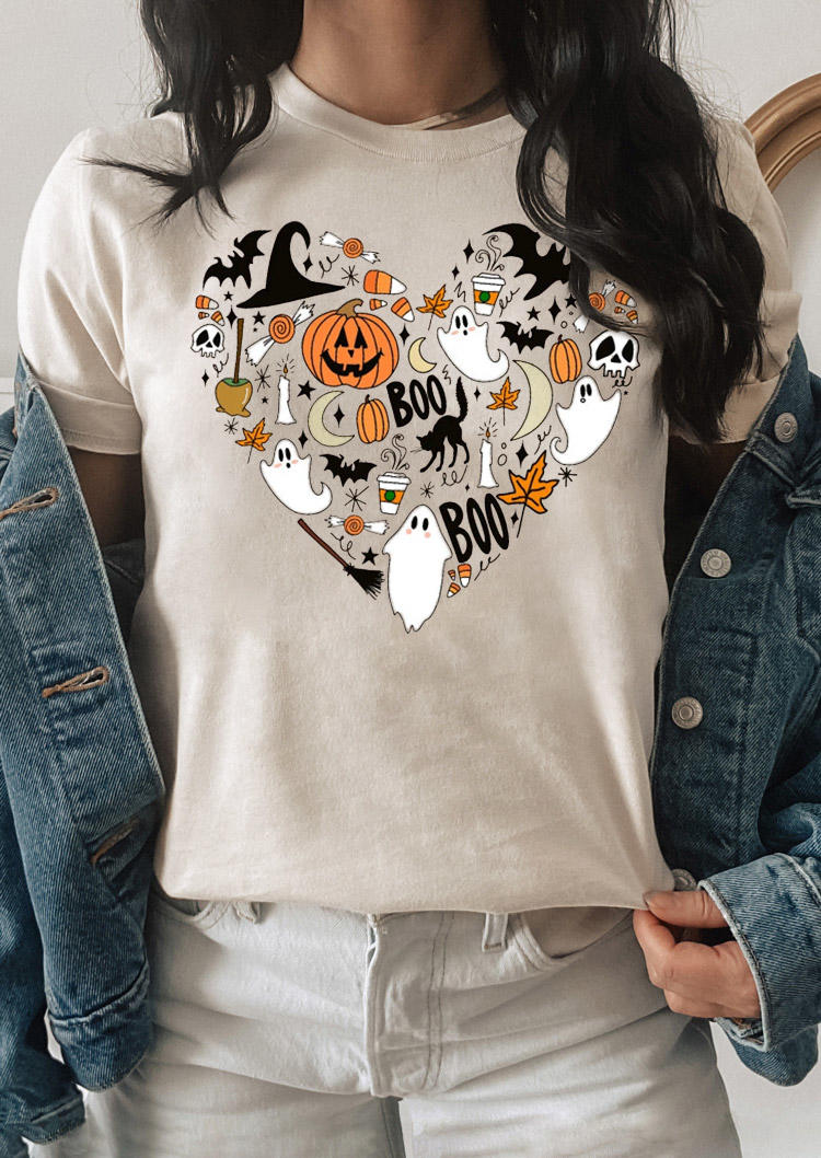 Halloween Boo Pumpkin Face Heart Ghost Bat T-Shirt Tee - Apricot