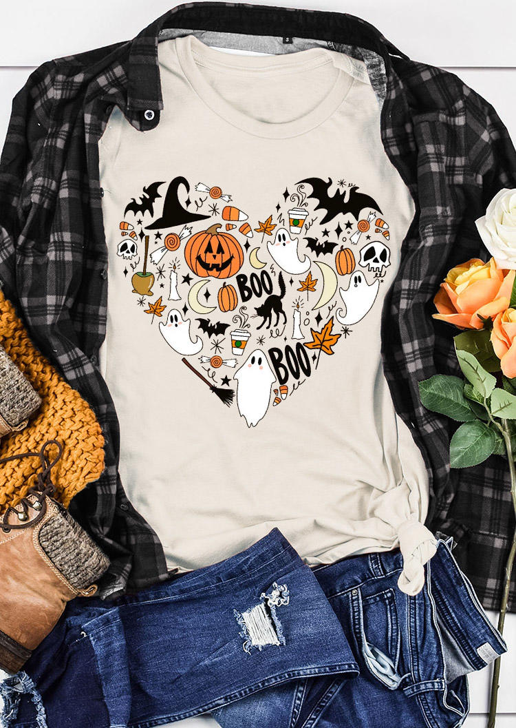 T-shirts Tees Halloween Boo Pumpkin Face Heart Ghost Bat T-Shirt Tee in Apricot. Size: L,M,S,XL