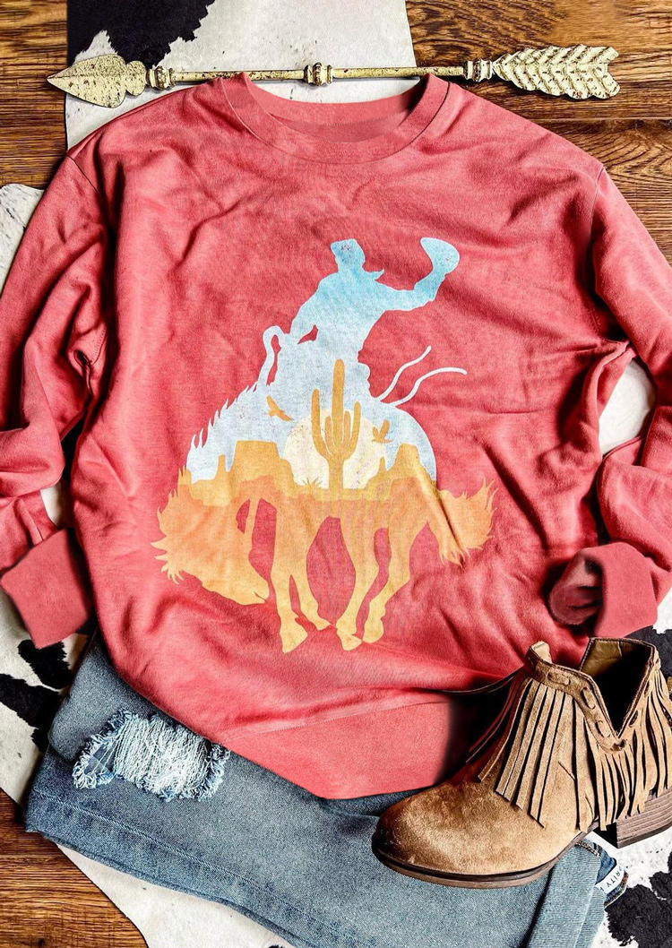 Sweatshirts Cowboy Horse Cactus Silhouette Sweatshirt in Red. Size: L,M,S,XL