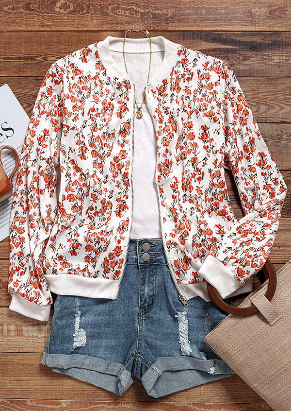 

Coats Floral Zipper Long Sleeve Coat in Orange. Size