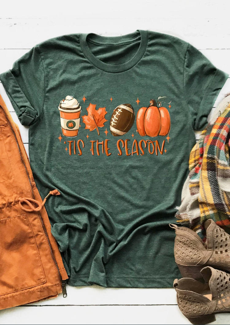 T-shirts Tees Tis The Season Pumpkin Football Maple Leaf Coffee T-Shirt Tee in Green. Size: L,M,S,XL