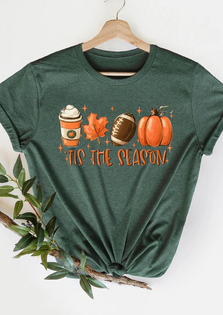 Tis The Season Pumpkin Soccer Maple Leaf Coffee T-Shirt Tee - Green