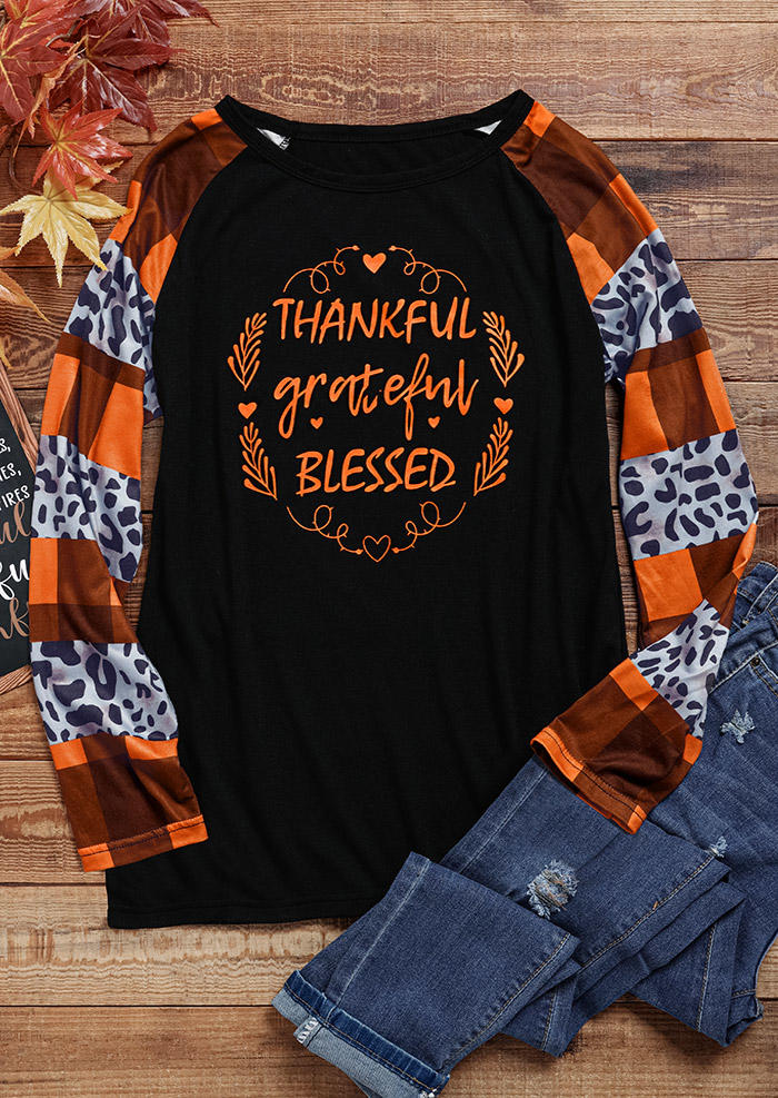 T-shirts Tees Thankful Grateful Blessed Leopard Plaid T-Shirt Tee in Black. Size: L,M