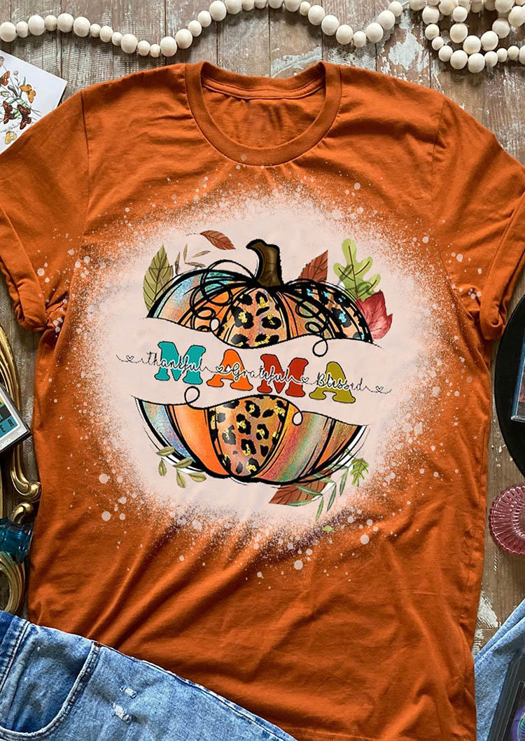 Mama Pumpkin Leopard Bleached T-Shirt Tee - Orange