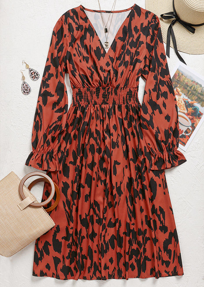 Midi Dresses Leopard Ruffled Long Sleeve Wrap V-Neck Midi Dress in Multicolor. Size: S