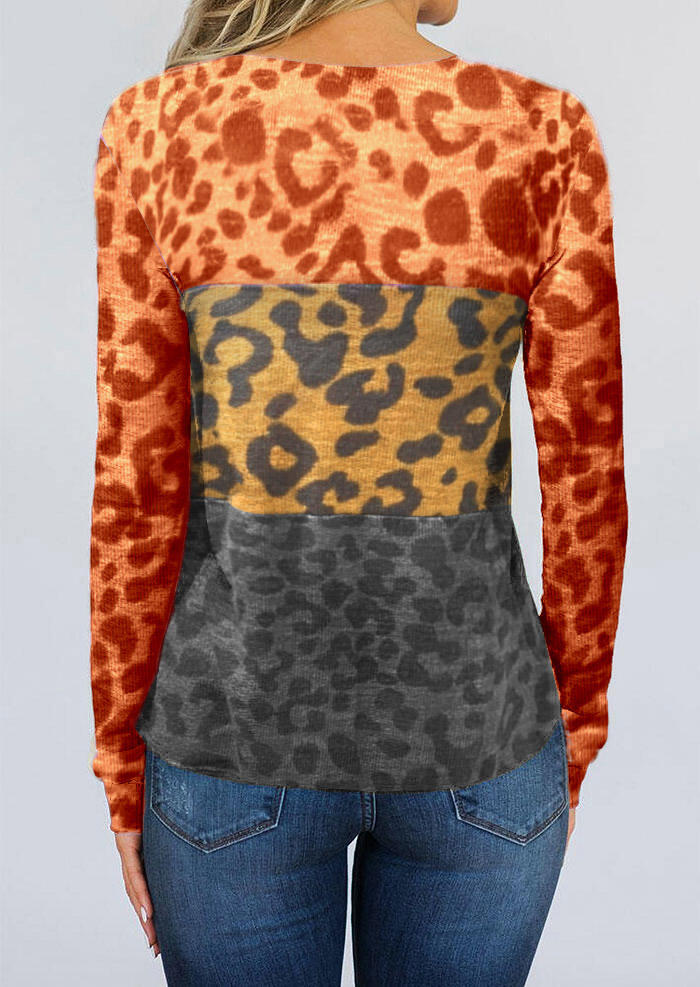 

Blouses Leopard Color Block O-Neck Blouse in Multicolor. Size: L,M,,XL