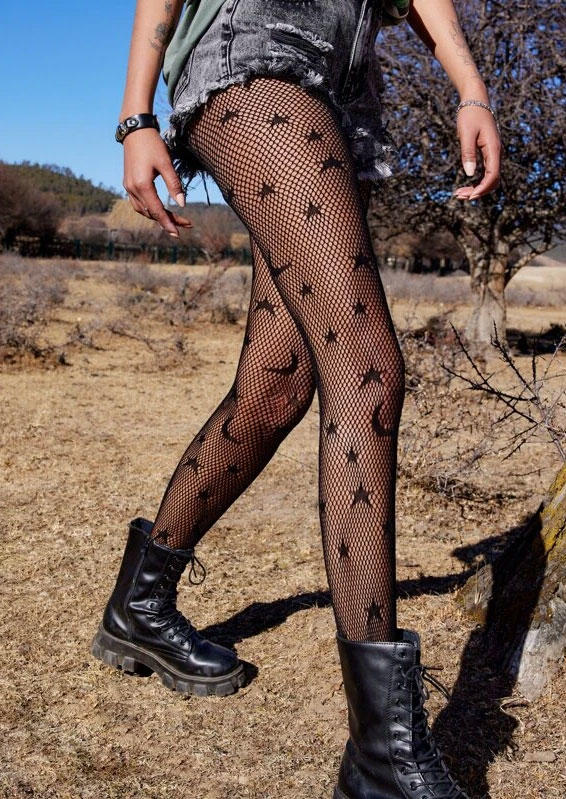 

Knee-High Socks Star Moon Thin Fishnet Socks in Black. Size