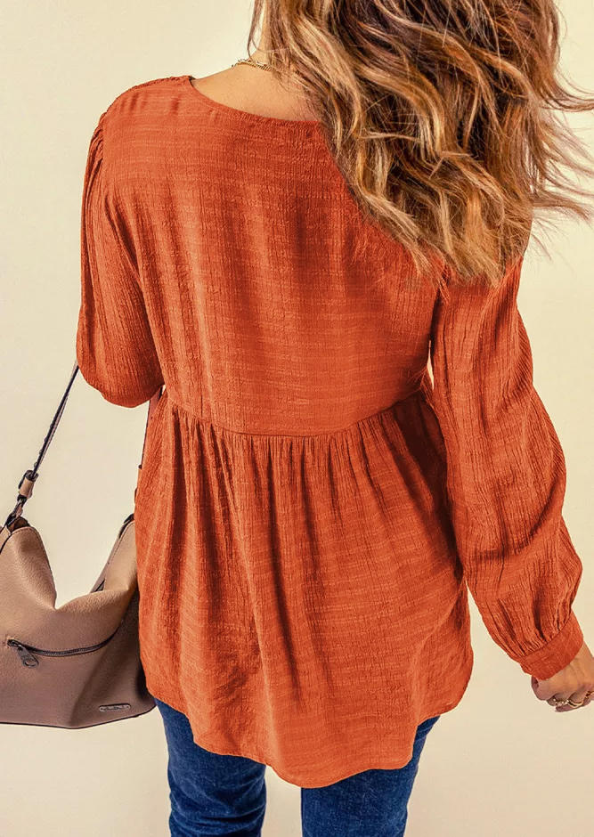 

Blouses Lace Splicing Ruffled Button Long Sleeve Blouse in Orange. Size: M