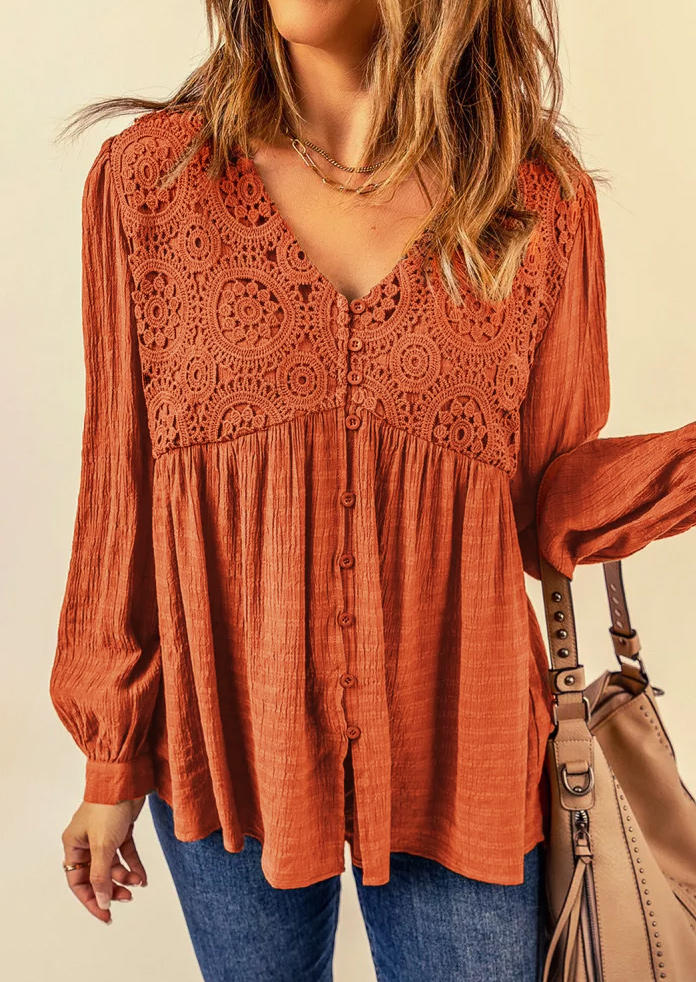 Lace Splicing Ruffled Button Long Sleeve Blouse - Orange
