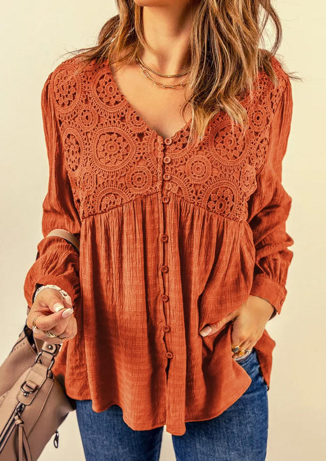 Lace Splicing Ruffled Button Long Sleeve Blouse - Orange