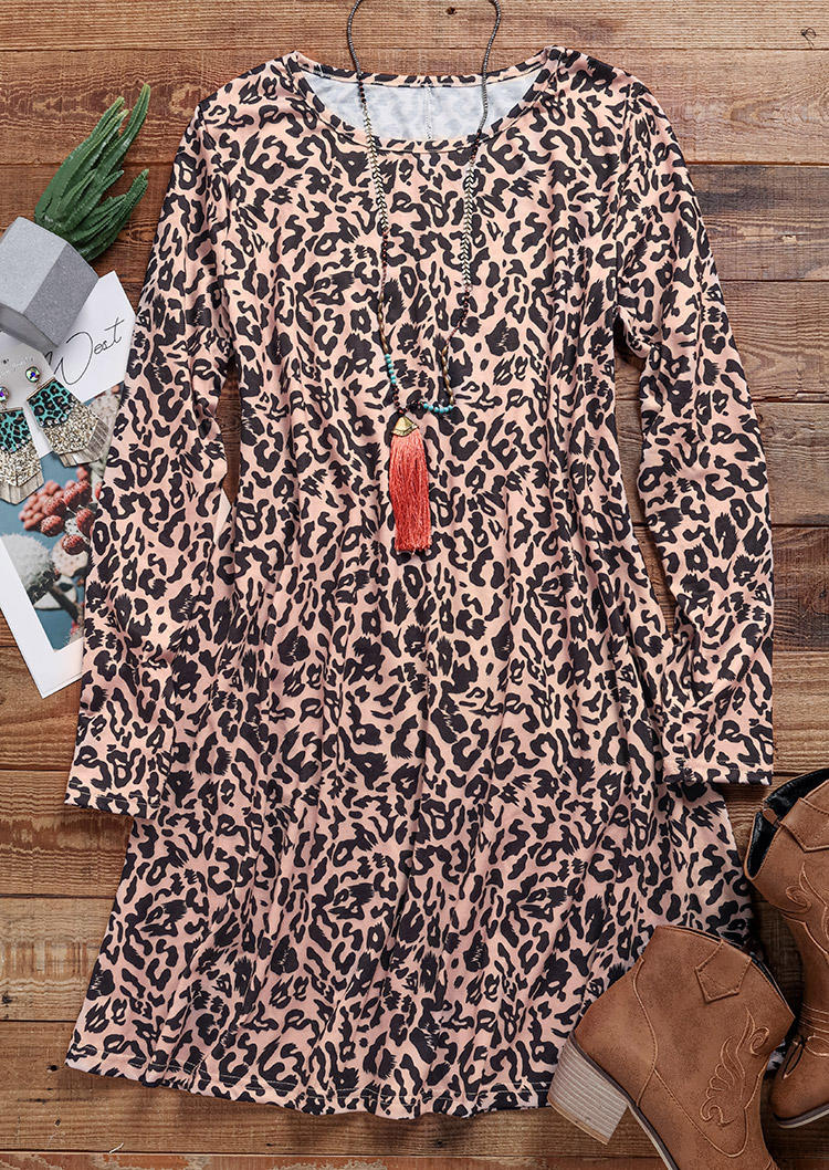 

Mini Dresses Leopard Long Sleeve O-Neck Mini Dress in Multicolor. Size: M