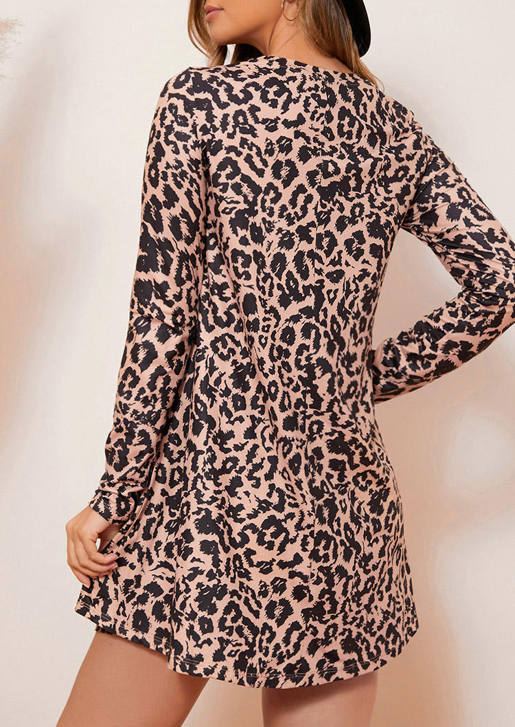 Leopard Long Sleeve O-Neck Mini Dress