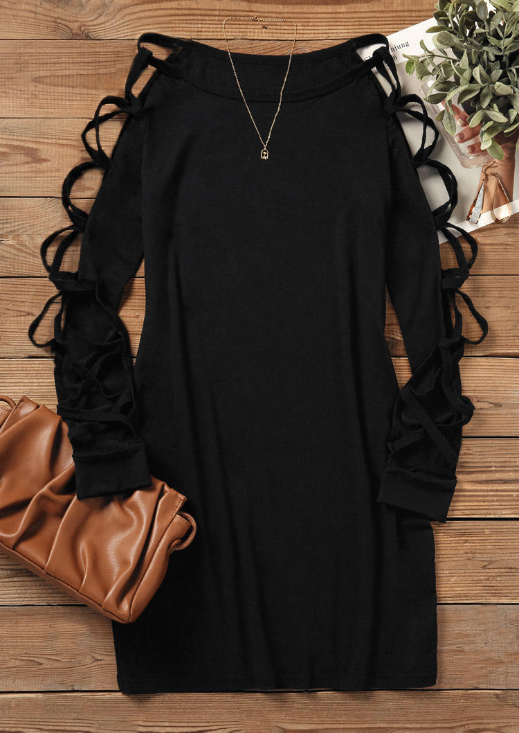 Hollow Out Long Sleeve O-Neck Bodycon Dress - Black