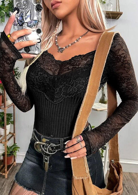 

Blouses Lace Splicing Long Sleeve Blouse in Black. Size