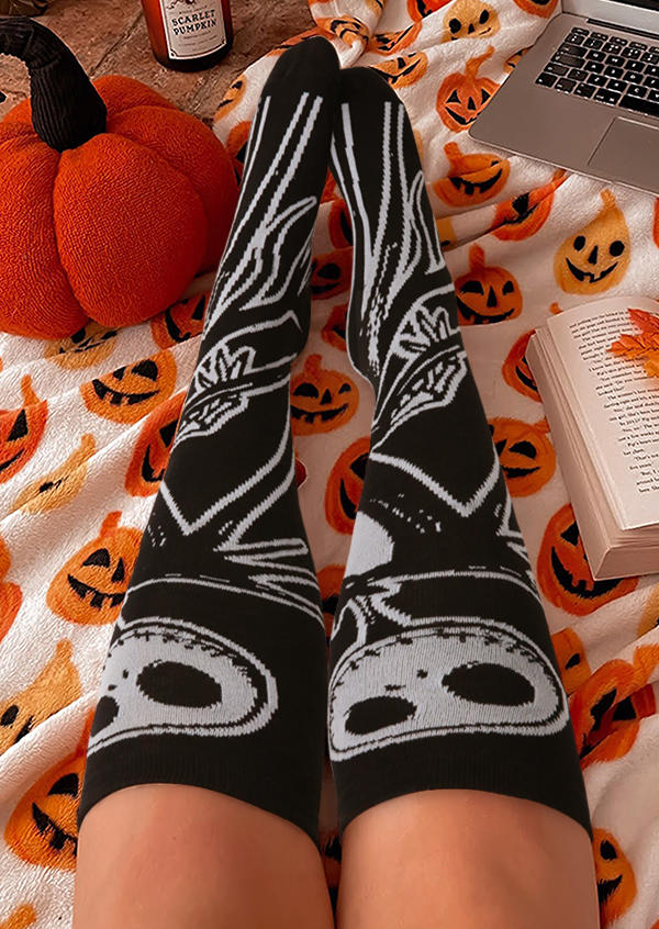 

Knee-High Socks Halloween Skeleton Over Knee Extra Long Socks in Black. Size