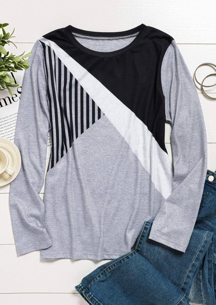Blouses Vertical Striped Color Block O-Neck Blouse in Gray. Size: S,XL