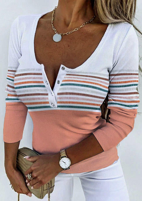 

Blouses Striped Color Block Snap Button Blouse in Multicolor. Size
