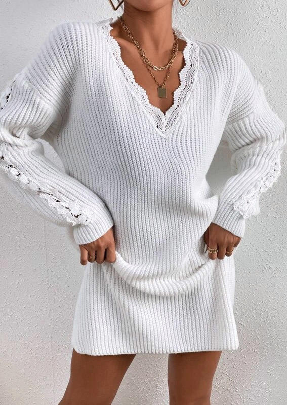 Lace Splicing Long Sleeve Sweater Mini Dress - White