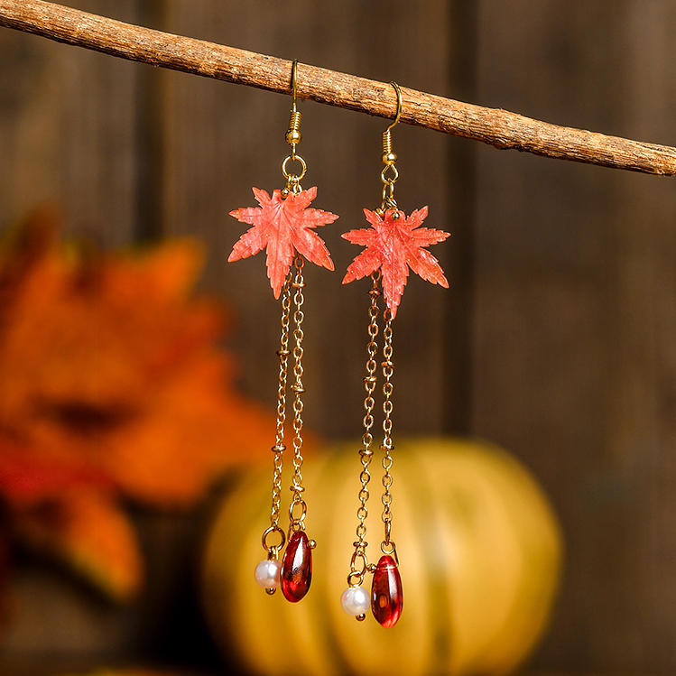 Maple Leaf Beading Long Stud Hook Earrings