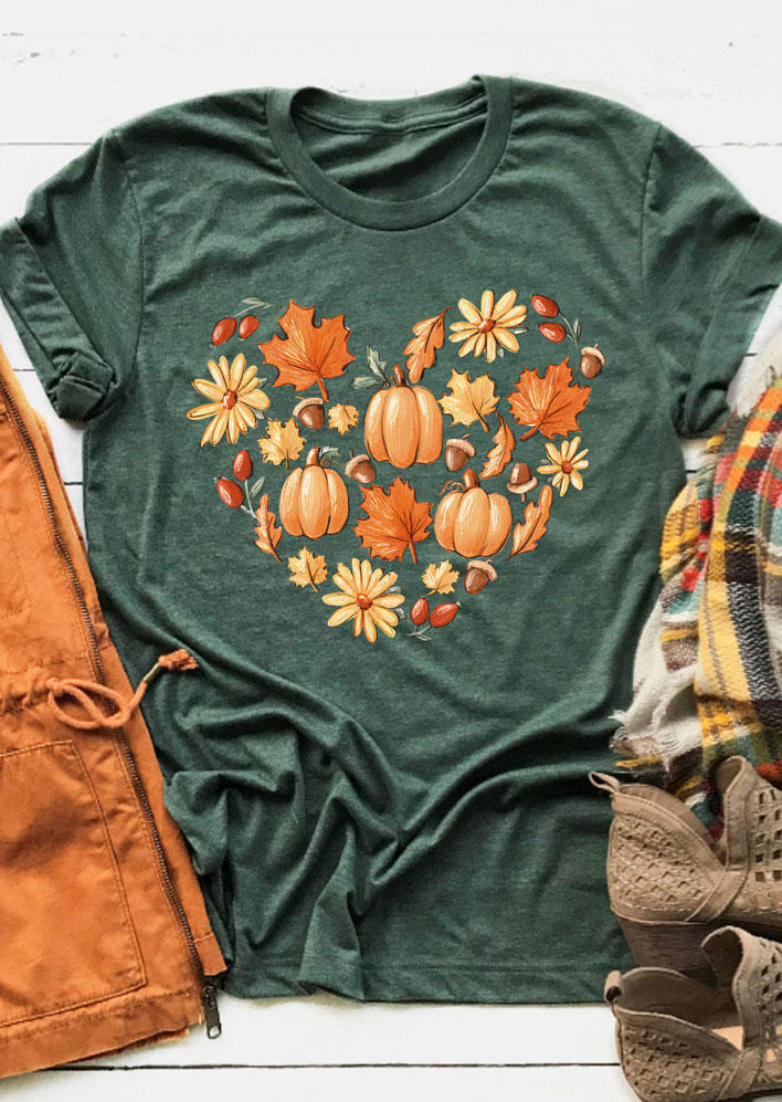 

T-shirts Tees Pumpkin Maple Leaf Floral O-Neck T-Shirt Tee in Green. Size