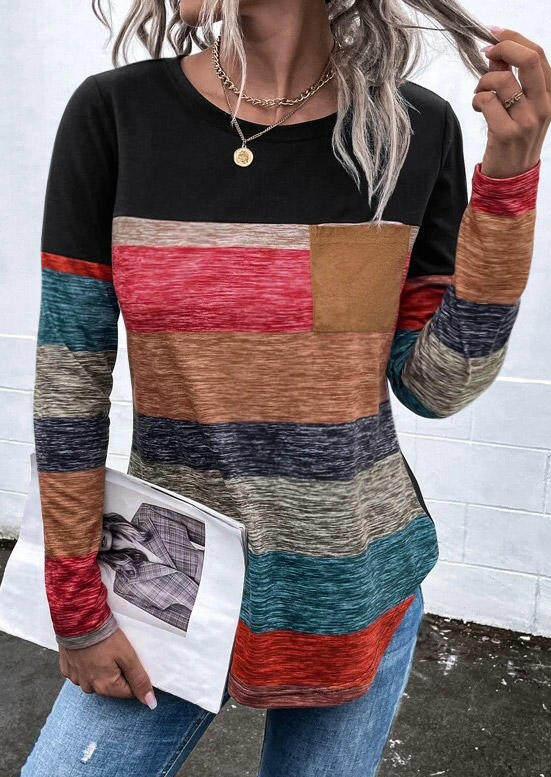 Blouses Color Block Striped Pocket O-Neck Blouse in Multicolor. Size: S