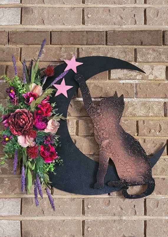 

Halloween Cat Crescent Moon Star Floral Wreath Ornament in Multicolor. Size