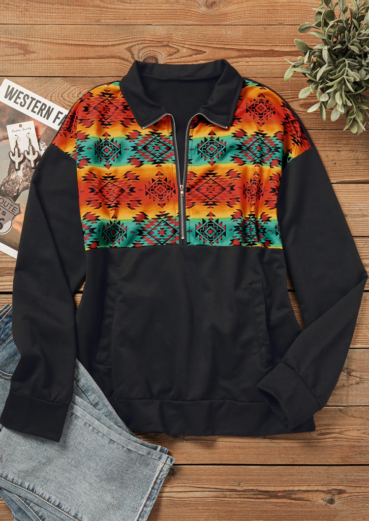 

Sweatshirts Aztec Geometric Zipper Pocket Sweatshirt in Multicolor. Size