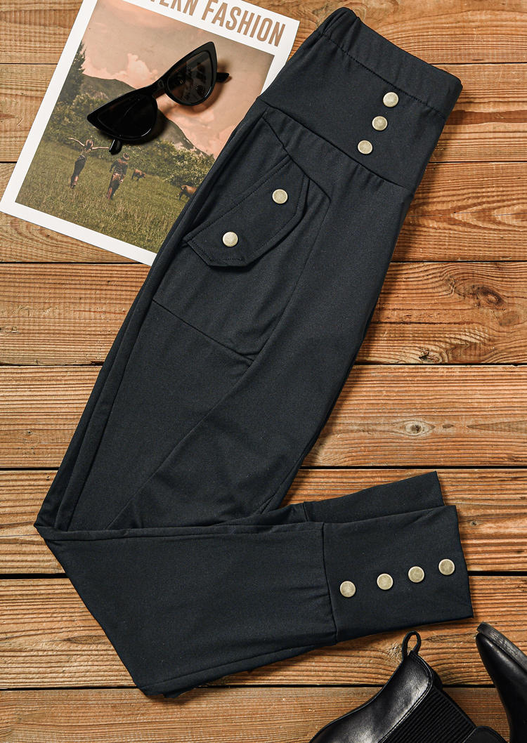 Pocket Button High Waist Skinny Pants - Black
