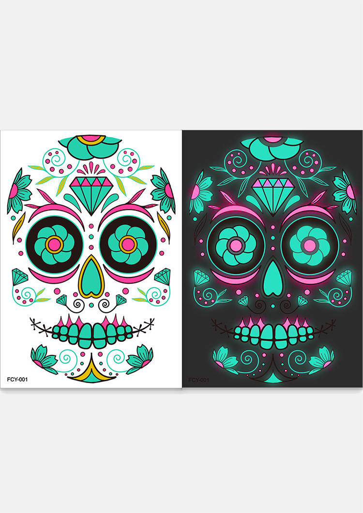 4Pcs Halloween Skull Luminous Tattoo Sticker in Multicolor. Size: One Size