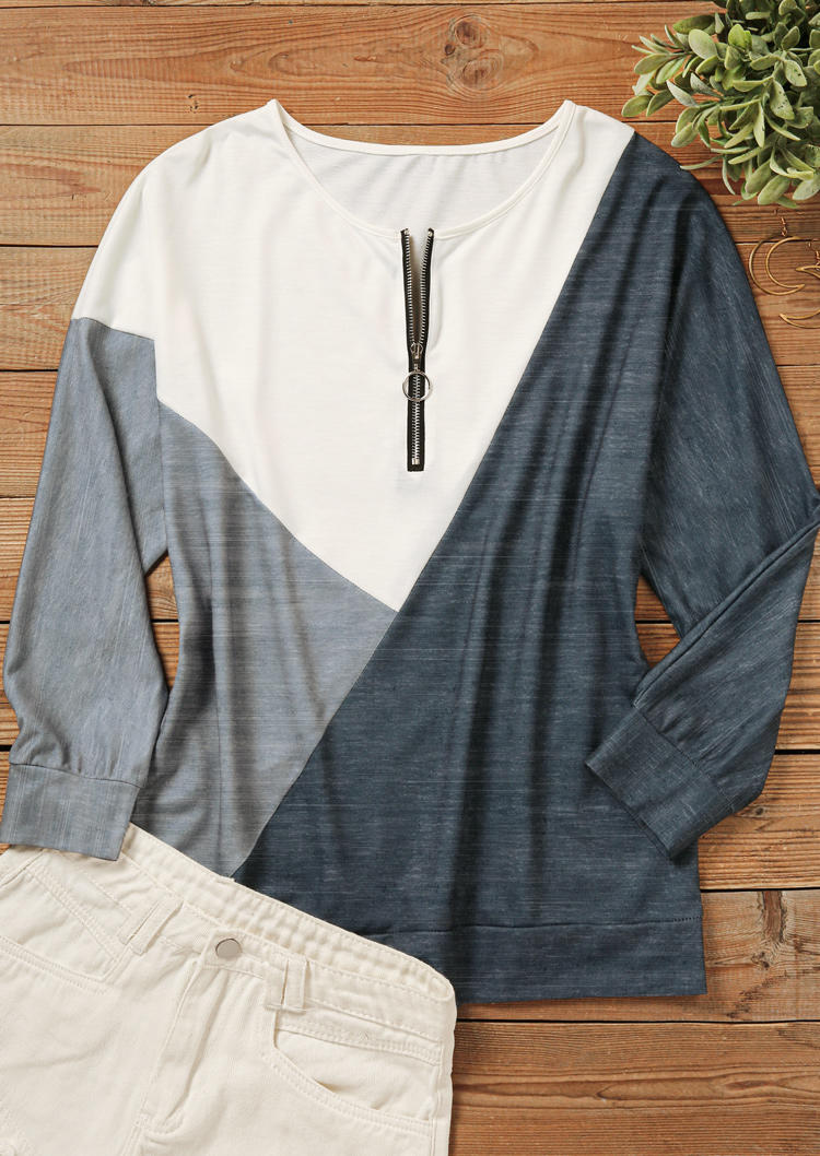 Color Block Zipper Long Sleeve Sweatshirt
