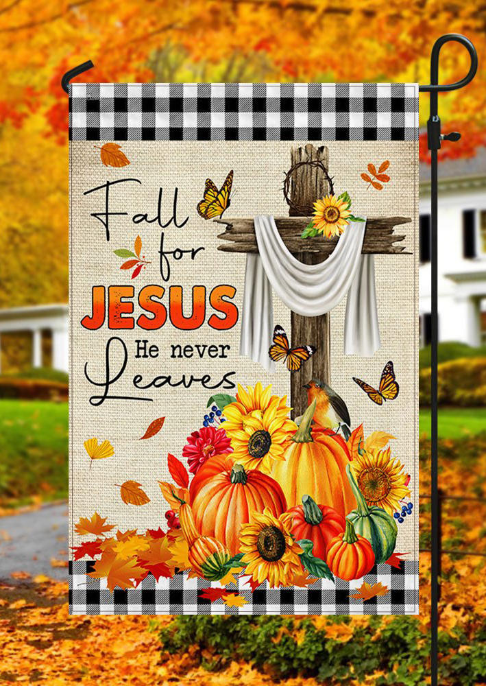 

Fall For Jesus He Never Leaves Sunflower Pumpkin Garden Flag in Multicolor. Size
